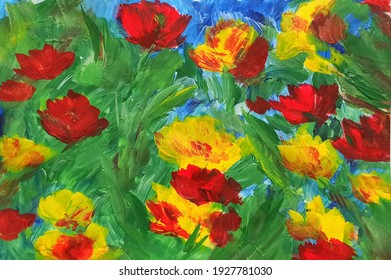 Colorful bright scarlet red and yellow abstract flowers. Bouquet of fresh beautiful spring flowers. Painting juicy colors. Impasto fat brush strokes. Art therapy. Gift to a woman mother. Mothers Day. 