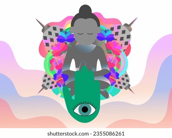 colorful buddha praying temple illustration, blooming flowers background image, vector stock images