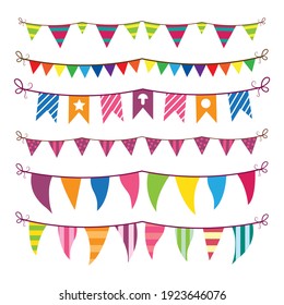 Colorful bunting and garland set isolated on white.