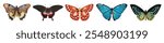 Colorful butterflies in a row. Five butterflies with vibrant wings. Butterflies in blue, orange, and black. Butterfly collection with diverse patterns. Beautiful insect illustrations isolated.