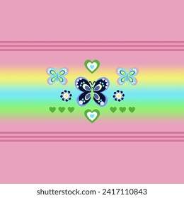 Colorful Butterfly Motif on Pink with Stripes and Hearts - Powered by Shutterstock