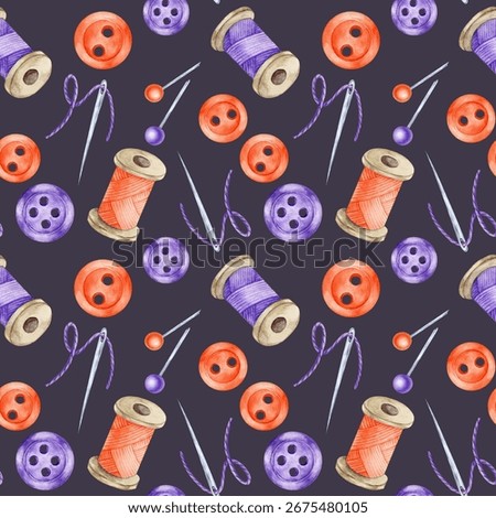 Colorful buttons, thread spools, and hand-stitching elements in watercolor clipart. Seamless pattern perfect for digital papers, themed textile, or notebook covers