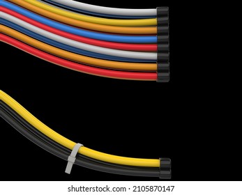Colorful cables bound together with black circular plugs - 3D Illustration