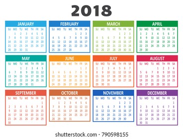 Colorful Calendar 2018 Template Week Starts Stock Illustration ...