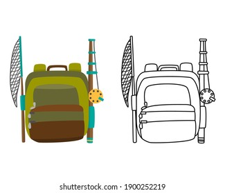 Colorful Camping Backpack In Flat Design With Coloring Illustration. Tourist Retro Back Pack. Classic Styled Hiking Backpack. Camp And Hike Bag And Knapsack.