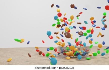 Colorful Candy Falling In Glass Bowl, 3D Rendering