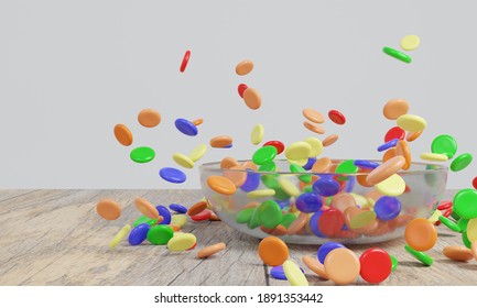 Colorful Candy Falling In Glass Bowl, 3D Rendering