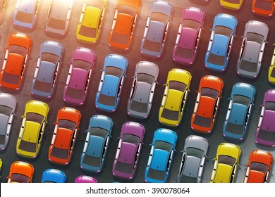 Colorful Cars Inventory. Dealership Cars In Stock 3D Illustration. Aerial View.