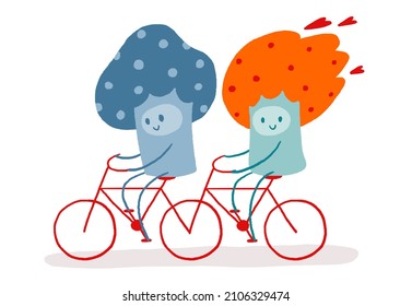 Colorful Cartoon Couple Riding A Red Tandem Bike Isolated On White - Raster 