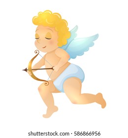 Colorful cartoon illustration of Cupid with bow and arrow on white background, symbol of love and Valentine's Day.