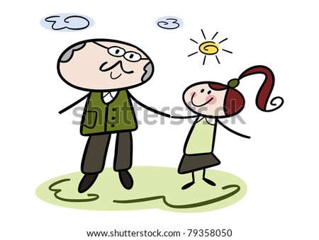 Colorful cartoon/doodle illustration of a happy grandfather and granddaughter