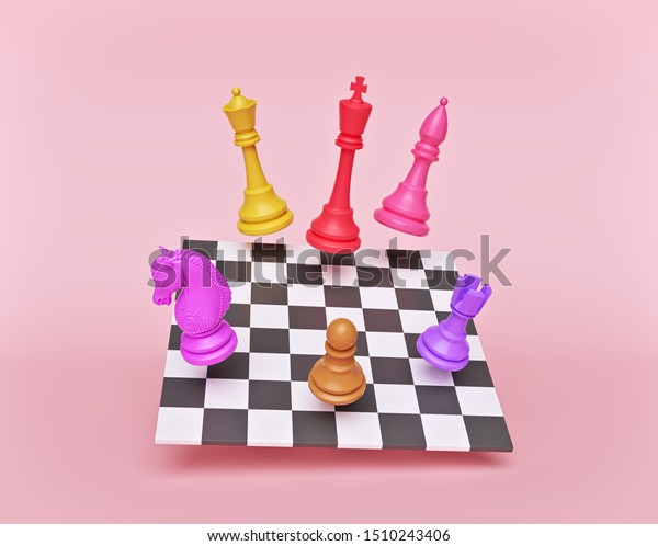 パステルの背景にカラフルなチェス駒とチェスボード 最小限のコンセプト 3dレンダリング のイラスト素材