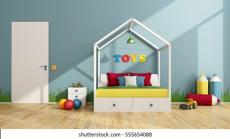 Colorful Children Bedroom With Canopy Bed Closed Door And Toys - 3d Rendering