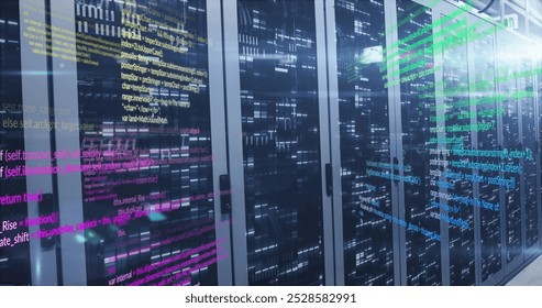 Colorful code lines image over server racks in data center. Technology, server room, digital, coding, programming, cyber - Powered by Shutterstock