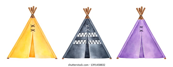 Colorful collection of cute teepee tents illustration. Various colors: yellow, black, violet. Hand drawn watercolour painting on white background, cutout clip art elements for design decoration.