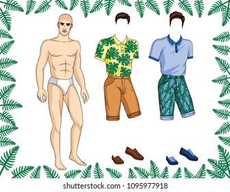 Colorful Constructor Of Paper Doll Man With Set Of Stylish Summer Clothes, Shoes And Hairstyle. Handsome Guy With Trendy Casual Outfit For Vacation