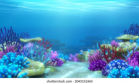 Colorful coral reef under the sea, Ocean Underwater World Background,3d rendering.