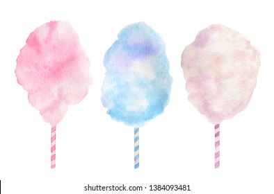 Colorful Cotton Candies (candy Floss) Watercolor Illustration Isolated On A White Background Suitable For Summer Holidays Designs. Food Illustration. Sweets