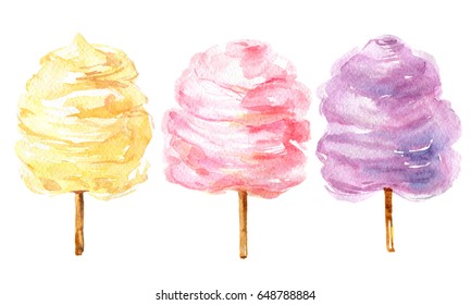 Colorful cotton candy on sticks isolated on a white background, watercolor illustration 