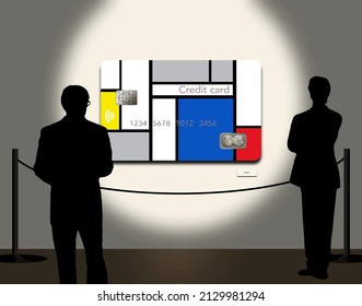 A Colorful Credit Card Hangs On The Wall Of A Gallery Or Museum As Patrons View The Business Related Work Of Art. This Is A 3-d Illustration,