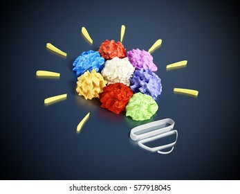 Colorful Crumpled Papers Forming Lightbulb Shape. 3D Illustration.