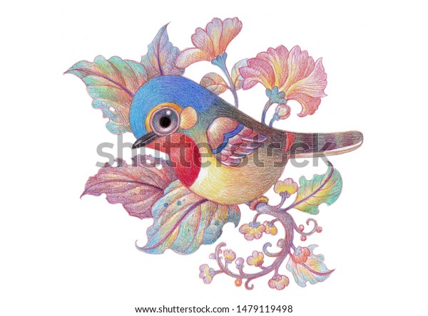 白い背景に花と葉を持つカラフルなかわいい鳥 鳥の漫画のイラスト 自然のイラスト 背景 パターン 壁紙用の美しい色の鉛筆描きのイラスト のイラスト素材