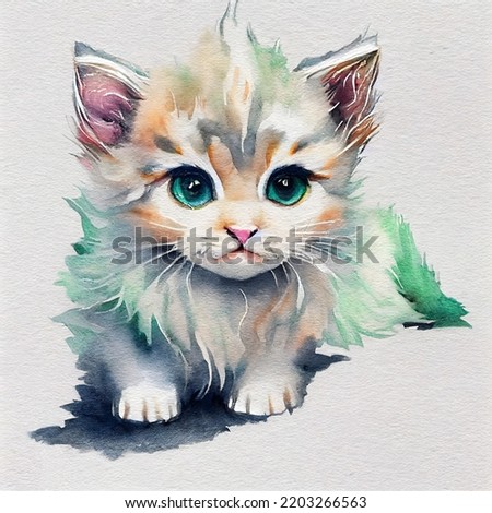 Colorful, cute fluffy kitten. Watercolor painting. Illustration for books, children's fairy tales, t-shirt print, card, posters, etc.