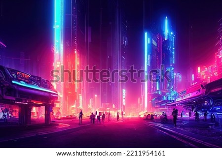 Colorful Cyberpunk metaverse city background. Concept art, Digital painting. Fantasy illustration. Foto d'archivio © 