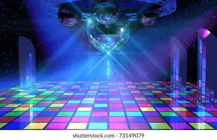 Colorful dance floor with several shining mirror balls