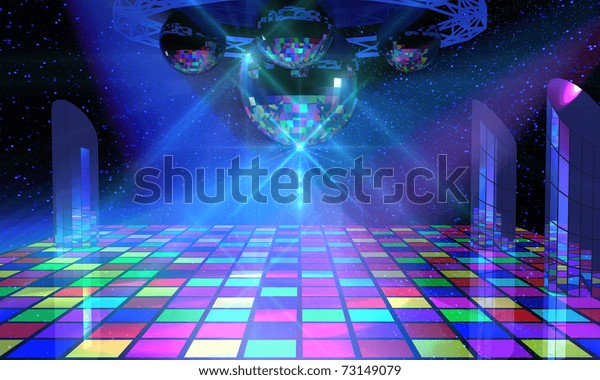 Colorful\
dance floor with several shining mirror\
balls