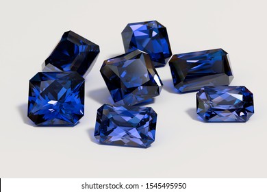 Colorful dark blue rectangle sapphire  gemstones scattered on white background. 3D illustration