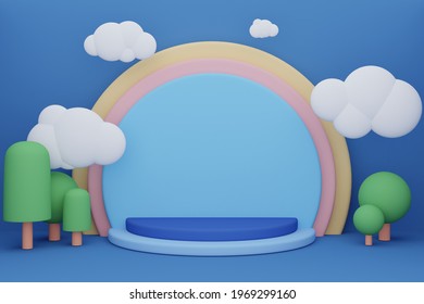 Colorful Day Cute Cartoon Pastel Stage Layout With Little Forest Clouds On Blue Sky.3d Illustrations And Rendering.  