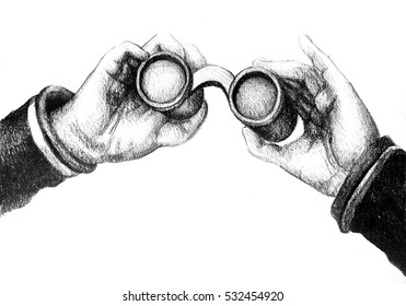 Colorful Detailed Drawing Of Hand Holding Binoculars. Illustration