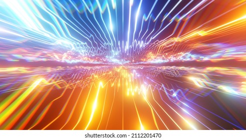 Colorful digital circuitry and data stream. Abstract neon futuristic speed internet. Computer processing data, binary data transfer, upload, download or transmitting.  3D rendering