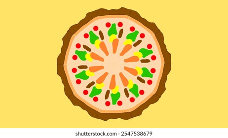 A colorful digital illustration of a pizza with vibrant toppings such as vegetables and cheese, displayed in a circular form, against a bright yellow background. - Powered by Shutterstock