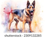 A colorful, digital watercolour painting, showing a standing German Shepherd dog 
