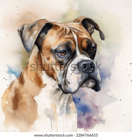 A colorful, digital watercolour painting, showing the portrait of a Boxer dog