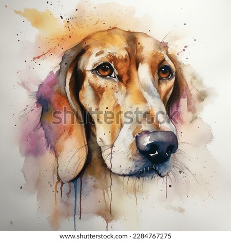 A colorful, digital watercolour painting, showing the portrait of a beagel 