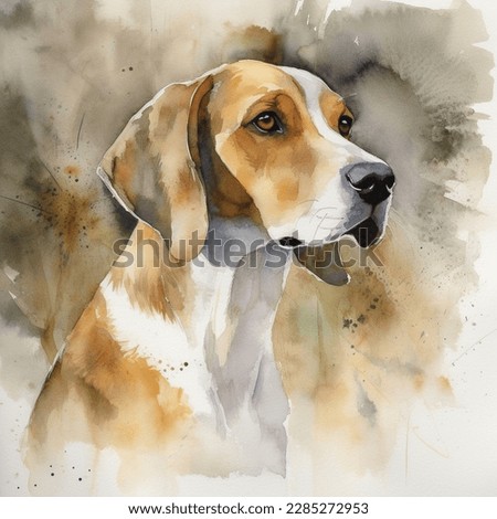 A colorful, digital watercolour painting, showing the portrait of an American Foxhound