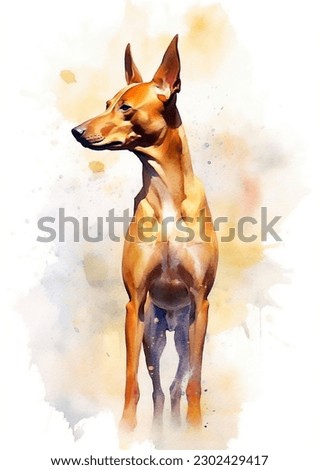 A colorful, digital watercolour painting, showing the portrait of a Cirneco dell Etna dog 