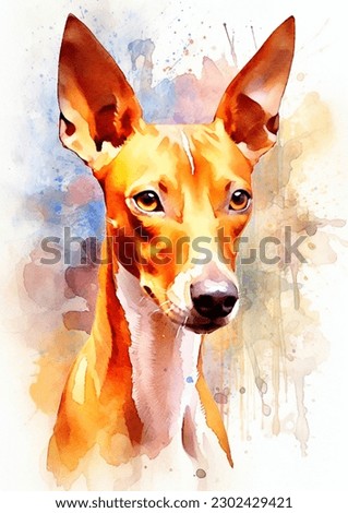 A colorful, digital watercolour painting, showing the portrait of a Cirneco dell Etna dog 