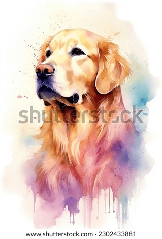 A colorful, digital watercolour painting, showing the portrait of a Golden Retriever dog 