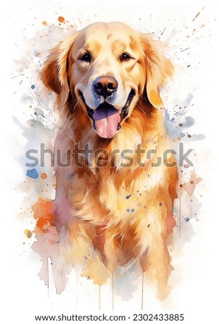 A colorful, digital watercolour painting, showing the portrait of a Golden Retriever dog 