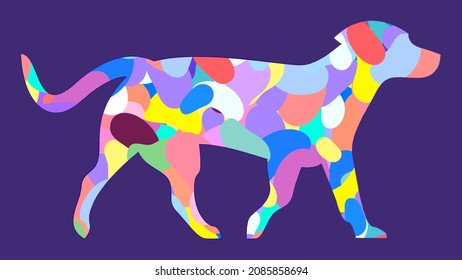 Colorful Dog Silhouette. Fun Bright Color Puppy. Labrador Or Golden Retriever Outline Filled With Fluid Confetti Party Shapes. Trendy And Preppy Fashion Design Icon.