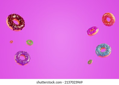 Colorful Donuts In The Air On A Pink Background, 3d Render. Donut Border, Copy Space. Banner For Advertising A Coffee Shop Or Bakery