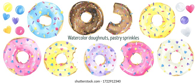 Colorful donuts watercolor set. Glazed, dessert, bakery, pastry, confectionery, breakfast, confetti, confectionery sprinkles. Birthday donuts