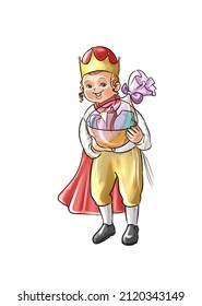 A Colorful Drawing Of A Cute Jewish Boy Dressed In A Purim Costume And Holding A Parcel Delivery In His Hand