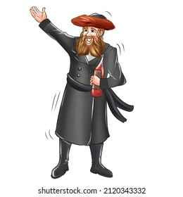 A Colorful Drawing Of An Elderly Jewish Drunk Wearing Purim Clothes And Wine In His Hand