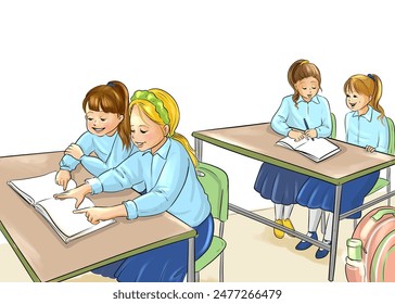 Colorful drawing of female students in a school classroom studying with books and notebooks - Powered by Shutterstock