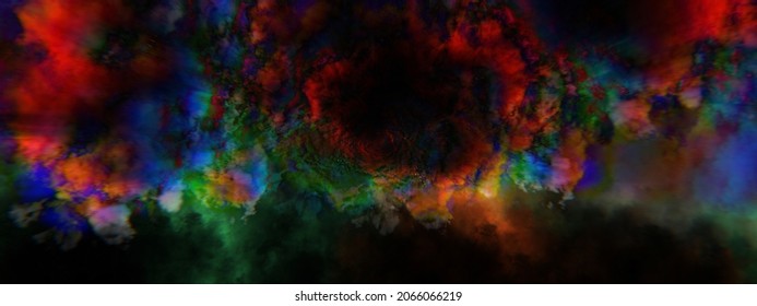 Colorful Dream Background Black Red Yellow Blue Purple Clouds With Spin Holographic Iridescent Motion Blur Rays Magic Sky Or Mist, Party Fantasy Foggy, Explosion Of Cloudy Red, Green And Blue Powder. 